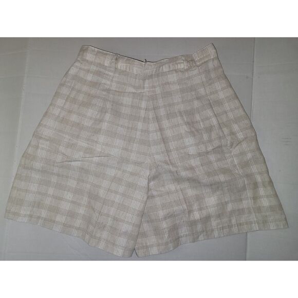 bonjour Pants - Vintage Style Gingham Plaid Pleated Shorts Tan Beige White Size16